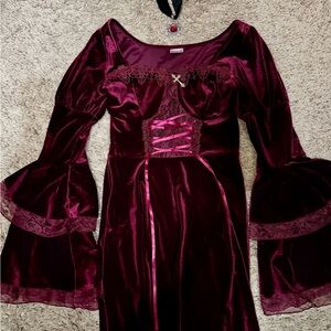 Spirit Halloween Burgundy Velvet Lace-Up Costume Dress with Necklace